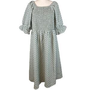 Love Olive Co Tuscany Midi Peasant Smocked Dress XXL Floral Puff Sleeve Pockets